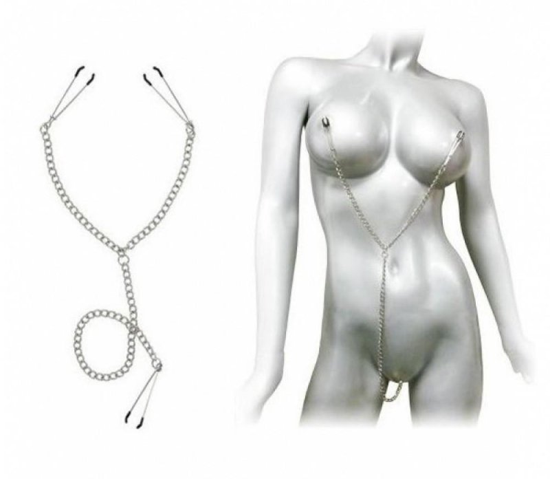 Nipple chain and clitoris clamp, Clips for nipples with a chain, Nipples clamps