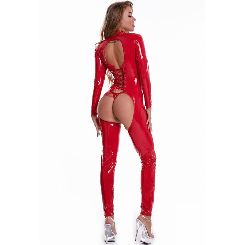 Leather overalls female latex, Erotic latex costume, Open Latex