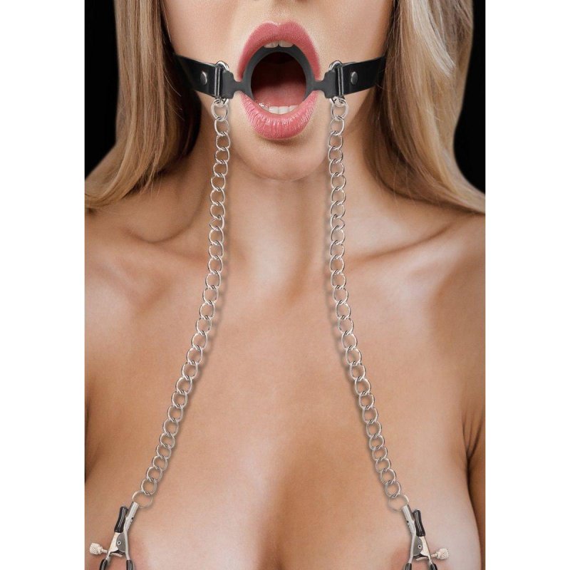 Grape with clamps for nipples, Gags with clamps on the nipples, Clamps for nipples and labia