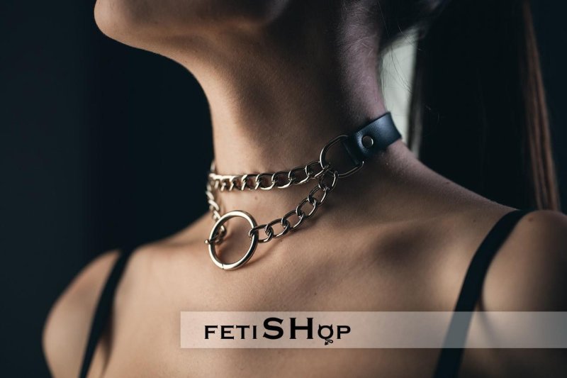 Choker with chains, Chocker leather collar, Leather chocker with chains