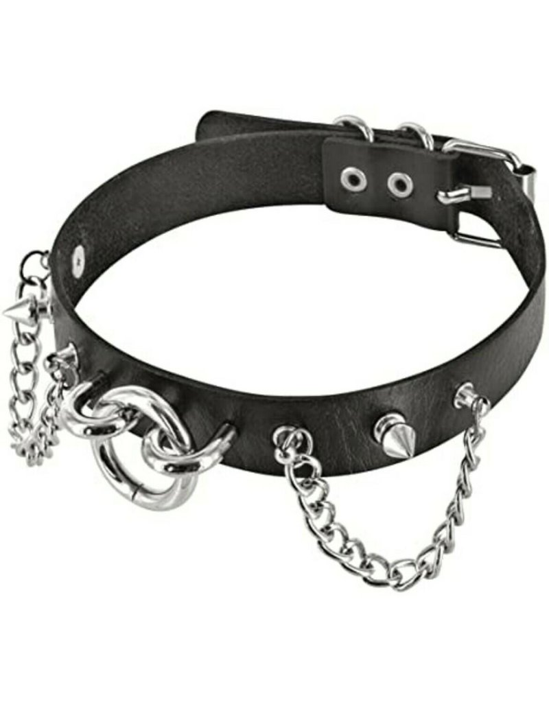 Collar and handcuffs with a chain, Chocker gothic leather, Chocker with a chain and ring