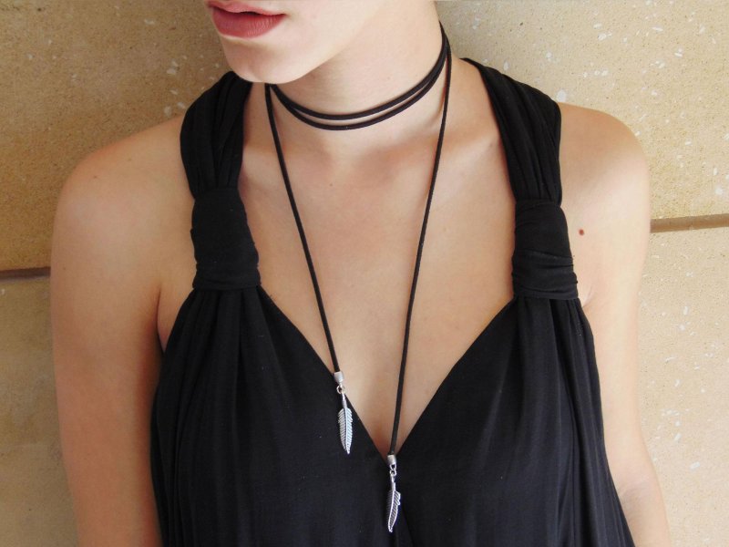 Coker necklace, Leather scoir, Long -black mocker