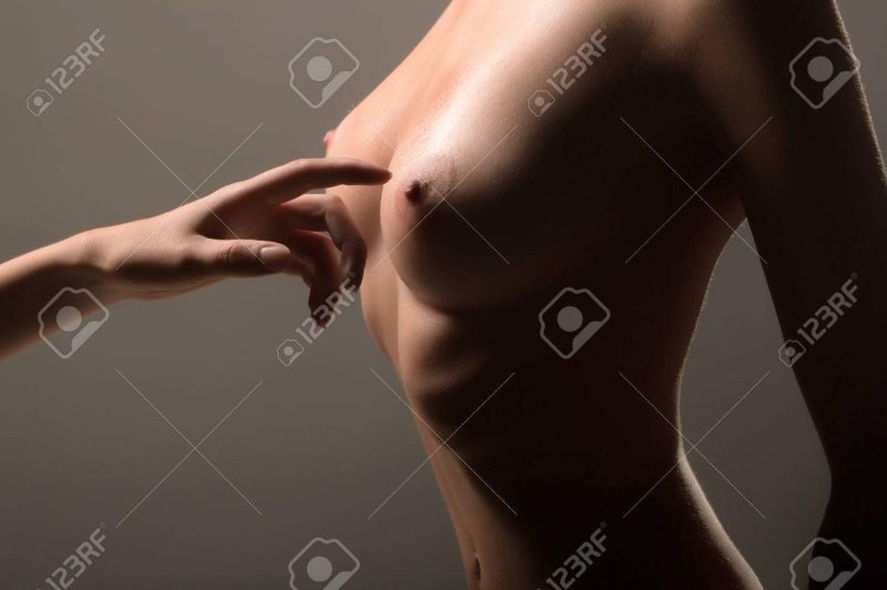 Nude breasts, Girl covers her chest with hands, Female breasts